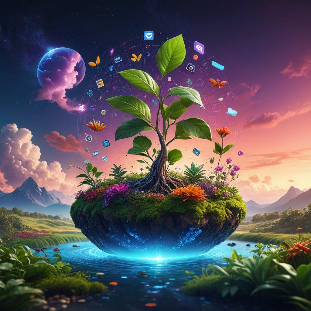 A vibrant visual journey showcasing the evolution of digital content sharing: a seed sprouting into a lush plant representing growth, transitioning into a flowing stream of digital media like videos, icons, and social platforms. The background features a blend of nature and technology, highlighting the fusion of organic growth and digital innovation. Include elements like stylized clouds, glowing screens, and diverse content icons. super-realistic. vibrant colors. futuristic style.