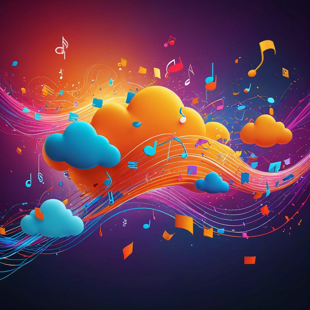 A vibrant, dynamic scene depicting satisfied individuals sharing media over a digital cloud network with torrents flowing like joyful streams. Include colorful icons representing various media types - music, movies, and games - intertwined with elegant streaming lines. The background should convey a sense of connectivity and freedom with abstract, flowing patterns. Use a cheerful color palette to evoke happiness and ease. super-realistic. vibrant colors. 3D.