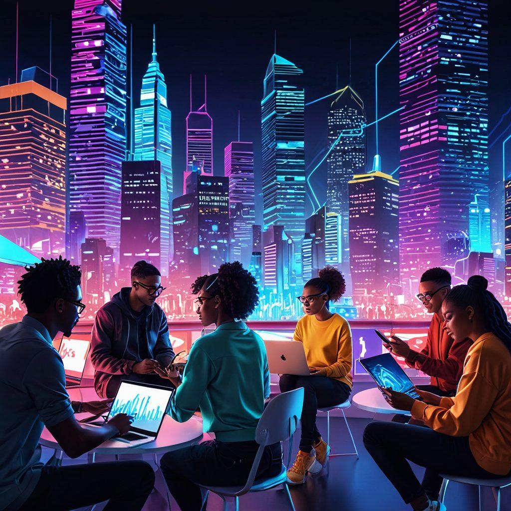A dynamic illustration showcasing diverse people sharing multimedia files seamlessly through various devices like smartphones, laptops, and tablets. Include vibrant lines to symbolize fast data transfer, with icons representing different media types such as music, videos, and images. The background should be a tech-inspired cityscape, glowing with neon lights, to emphasize modern connectivity. Use a bright and engaging color palette to make the image lively and inviting. digital art. vibrant colors. futuristic style.